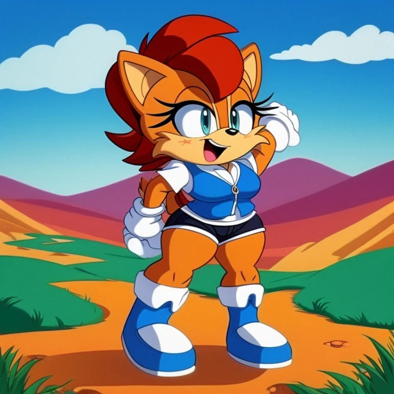 A nostalgic scene from the 1980s animation aesthetic, featuring Sonic the Hedgehog's iconic friend, Sally Acorn. She stands confidently with thick thighs, clad in a bright blue vest adorned with her name in yellow lettering and a black bow at the center. Her shorts are black as well, fitting snugly around her legs, revealing a hint of her white underwear. Her signature red hair cascades down her back, and she sports a cheerful expression on her face. The background is a vibrant and colorful landscape reminiscent of the era's animation style, complete with rolling hills, lush grass, and a bright blue sky dotted with fluffy white clouds. In the foreground, Sally stands confidently with her hands on her hips, her thick thighs seemingly unphased by the form-fitting clothing she wears. The image radiates a sense of youth, energy, and the unabashed joy of being alive during the 1980s.