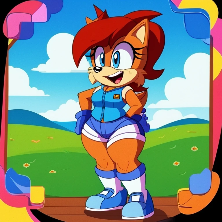 A nostalgic scene from the 1980s animation aesthetic, featuring Sonic the Hedgehog's iconic friend, Sally Acorn. She stands confidently with thick thighs, clad in a bright blue vest adorned with her name in yellow lettering and a black bow at the center. Her shorts are black as well, fitting snugly around her legs, revealing a hint of her white underwear. Her signature red hair cascades down her back, and she sports a cheerful expression on her face. The background is a vibrant and colorful landscape reminiscent of the era's animation style, complete with rolling hills, lush grass, and a bright blue sky dotted with fluffy white clouds. In the foreground, Sally stands confidently with her hands on her hips, her thick thighs seemingly unphased by the form-fitting clothing she wears. The image radiates a sense of youth, energy, and the unabashed joy of being alive during the 1980s.