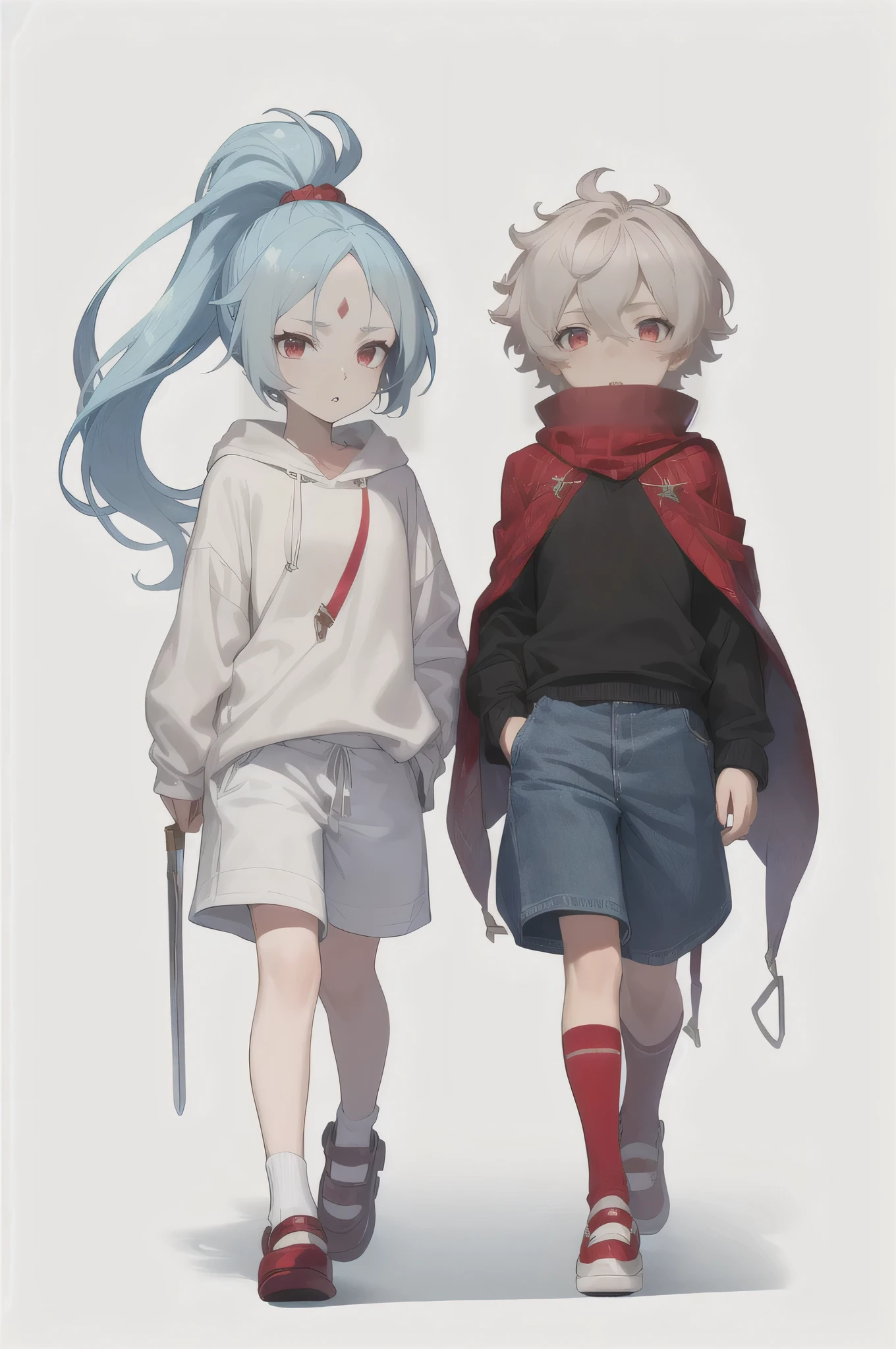 2boys, 1girl, bubble background, full body, red skin, red eyes, jitome, short hair, high ponytail, teeth, circlet, beige bloomers, mary janes, shy, purple eyes, empty eyes, messy hair, beige aran sweater, walking, forehead jewel, aqua eyes, very short hair, light blue hair, veil, blue hoodie, denim shorts, red loafers, trembling, shawl, eye focus