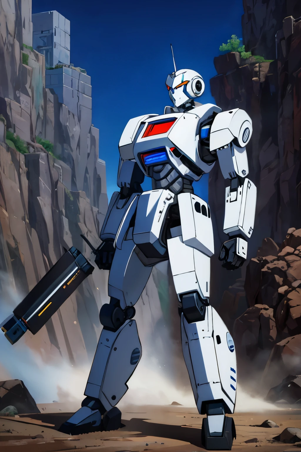 Humanoid silver robot with a lot of weapons