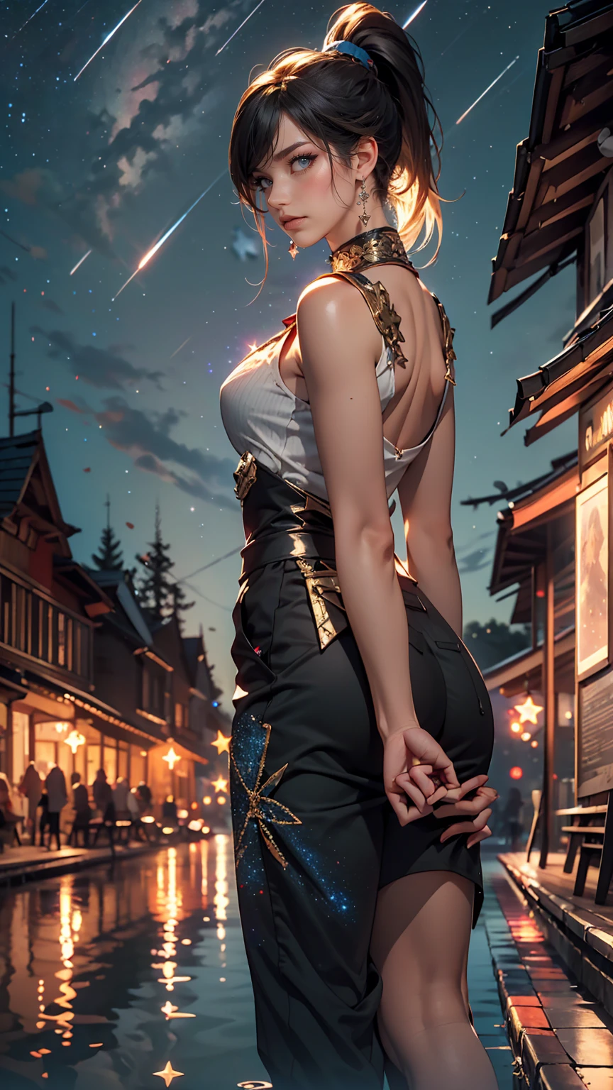 Break Bloodfallen, Break costume, ponytail, Outdoor, (night, Starry Sky:1.2), masterpiece, Put your arms behind your back, highest quality, One girl, whole body, Mouth closed, lake, reflection, Outdoor, formula wallpaper