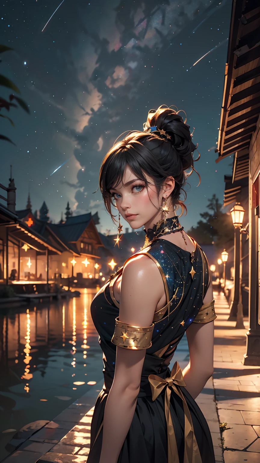 Break Bloodfallen, Break costume, ponytail, Outdoor, (night, Starry Sky:1.2), masterpiece, Put your arms behind your back, highest quality, One girl, whole body, Mouth closed, lake, reflection, Outdoor, formula wallpaper