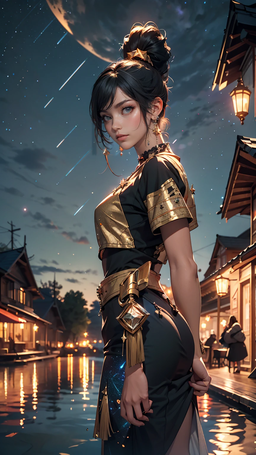 Break Bloodfallen, Break costume, ponytail, Outdoor, (night, Starry Sky:1.2), masterpiece, Put your arms behind your back, highest quality, One girl, whole body, Mouth closed, lake, reflection, Outdoor, formula wallpaper