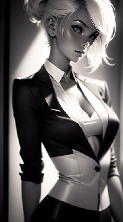 Beautiful 20yr old girl, blonde messy bun and short bangs, detailed, toned body, femme fatale, Noir et blanc, monochrome, looking at viewer, wearing corporate suit