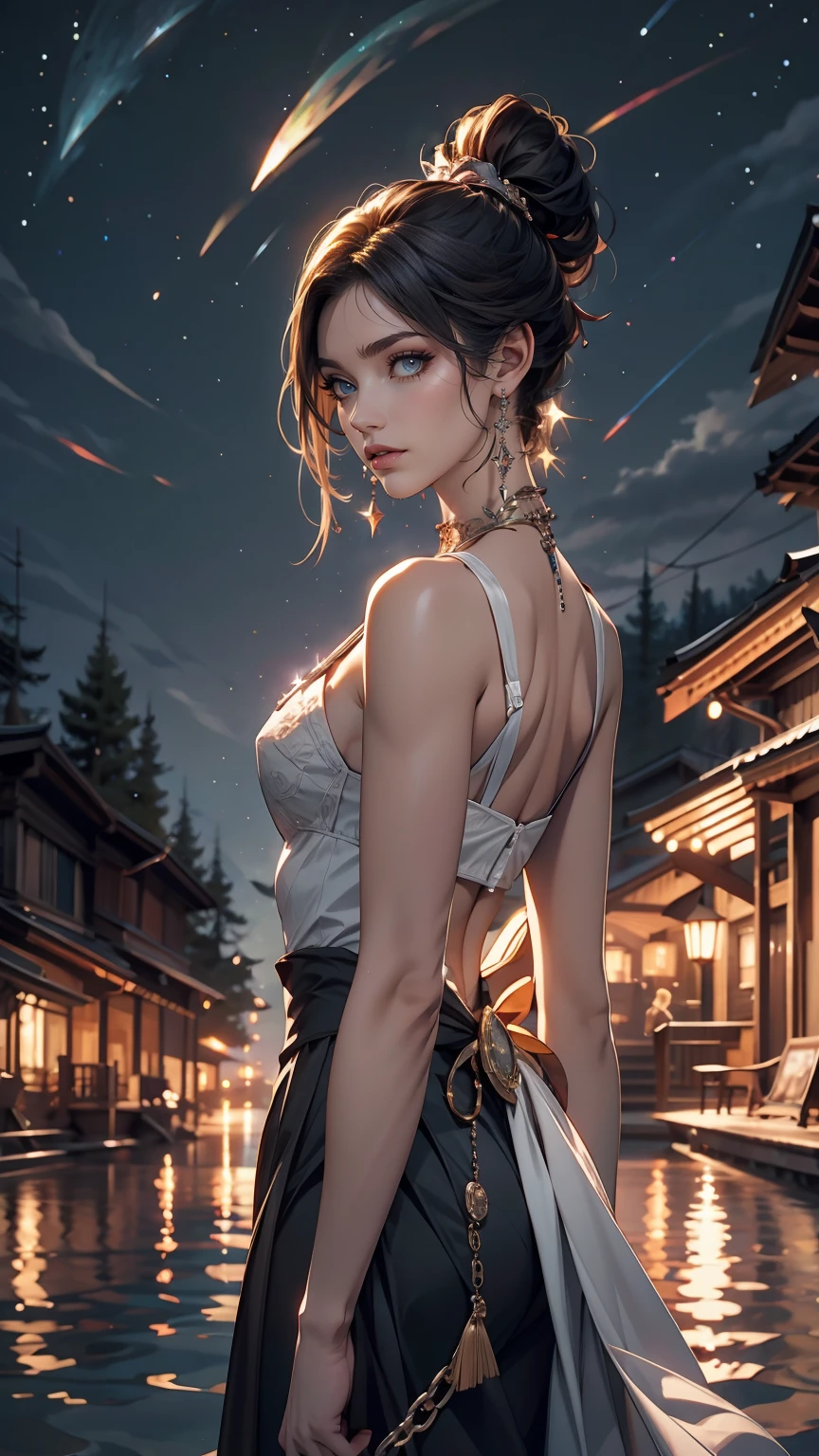 Break Bloodfallen, Break costume, ponytail, Outdoor, (night, Starry Sky:1.2), masterpiece, Put your arms behind your back, highest quality, One girl, whole body, Mouth closed, lake, reflection, Outdoor, formula wallpaper