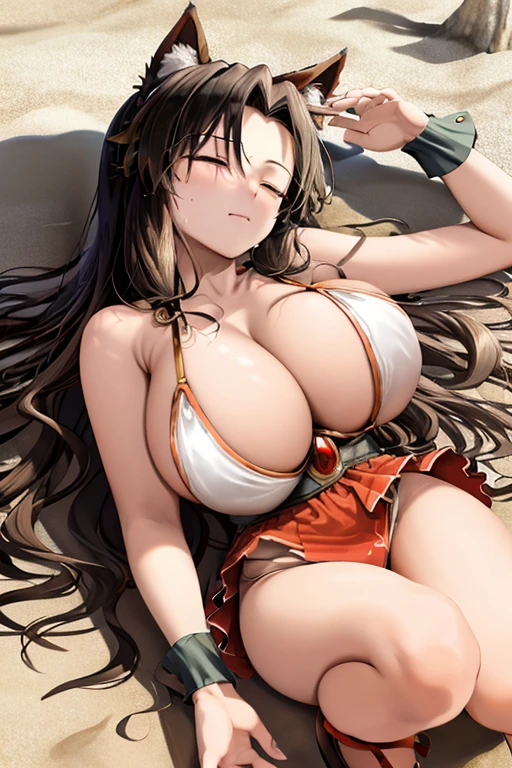 masterpiece, best quality, beautiful art, high resolution, well formed hands, body and fingers, 1 woman, solo, Imaizumi Kagerou, wolf ears and wolf tail, wearing a wonder woman outfit , tiara , adult, big breasted, cleavage, full body, sexy and skimpy outfit , gorgeous legs and thighs , ryona,in peril, she is defeated, knocked out, passed out, closed eyes, exhausted, unconscious, laying down on the sand, extended exposed body, full body on the sand, breathing heavily, sexy smirk on her face, bouncing breasts, sexy defeated pose, defeat and KO scene, fallen beauty, martial arts tournament with beach environment