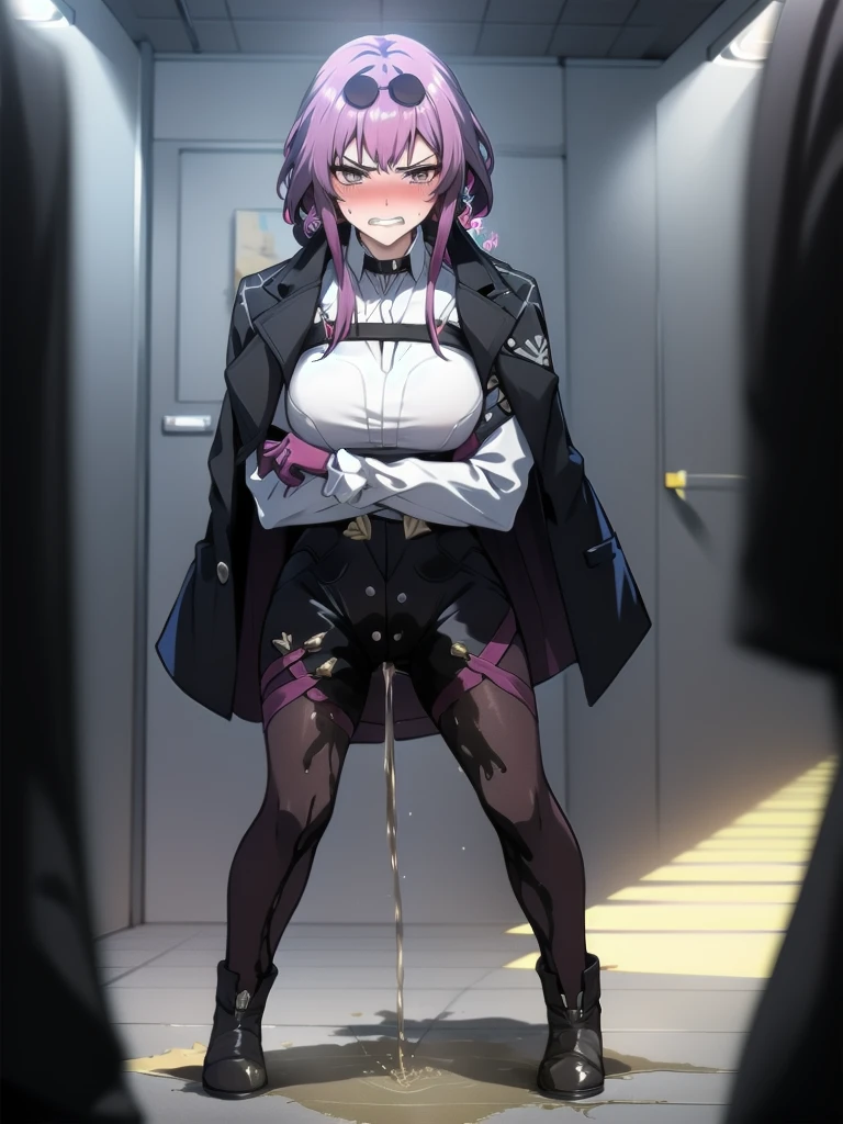 (highest quality:1.37), (masterpiece:1.37), HDR, physically-based rendering, bokeh, (cinematic lighting:1.37), aakafka, sunglasses, (eyewear on head:1.5), harness, black jacket, white shirt, collared shirt, long sleeves, white sleeves, purple gloves, black shorts, thigh strap, (pantyhose:1.25), (standing:1.25). The artwork is inspired by manga and incorporates a doujin style. The woman appears to be (wetting herself:1.5), which causes her to feel (angry:1.5) and desperate, blushing. The lighting in the scene is moody, with a spotlight highlighting the woman's figure, her arms are crossed (arms crossed:1.5), (crossing arms:1.5), (pee stain:1.5), peeing stain., large breasts, skinny, (full body:1.25), she is pushing her legs together in desperation.