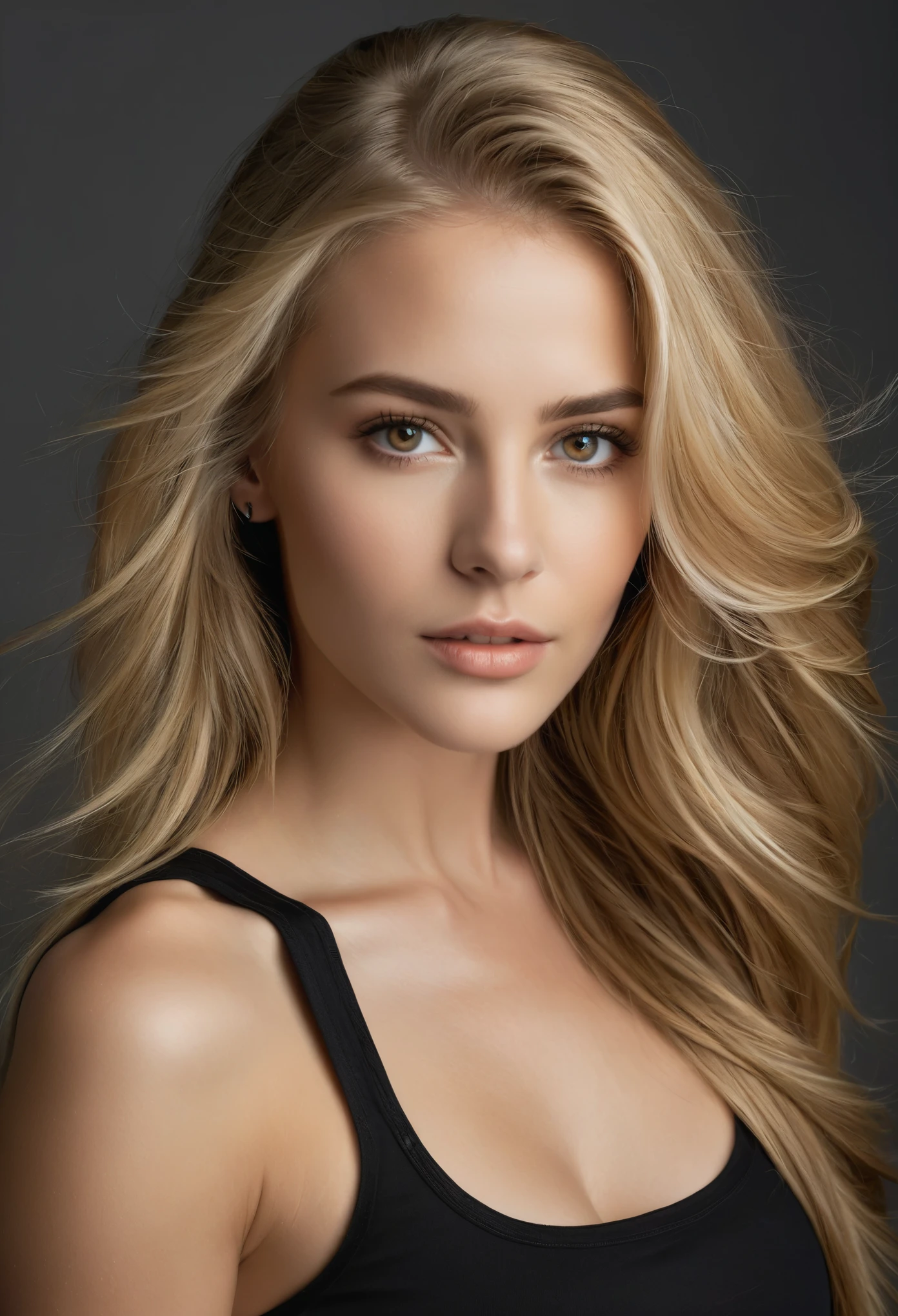 Portrait of a stunning woman with piercing brown eyes and long flowing blonde hair, wearing black tank-top, realistic, intricate details in the clothing and facial features, studio lighting to enhance the depth and realism of the image
