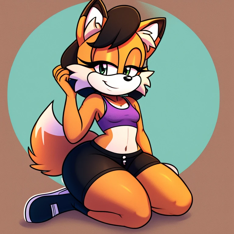 Female, Mobian, fox, smile, small breasts, wearing purple tank tops, wearing black shorts, has thick thighs, sitting down and doing a pin up pose,