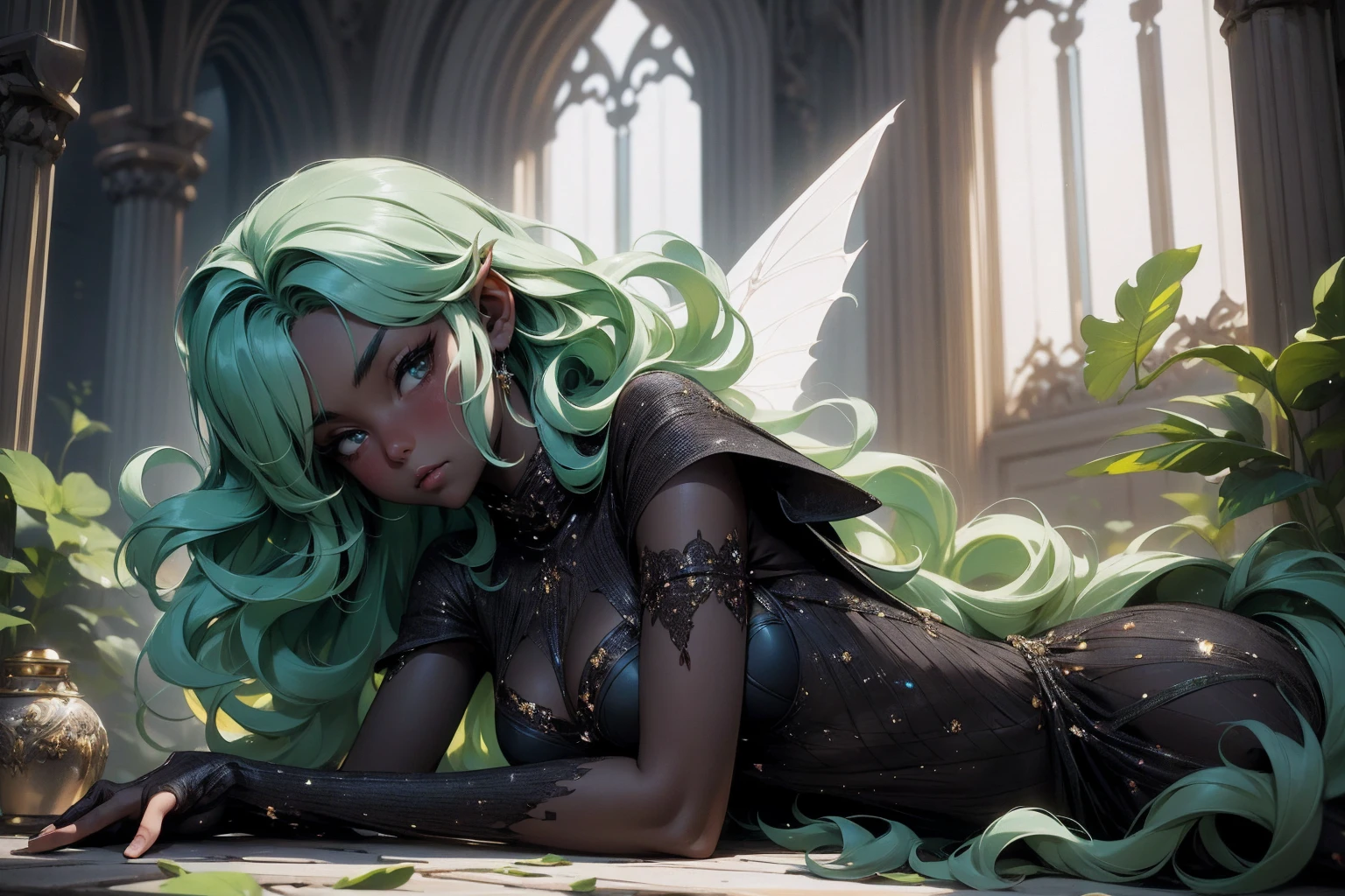 (Absurd, high quality, ultra -compared, careful with the hand) fairy, fairy wings, dreamer body, vivid, romantic and all. Optimistic face, just lies, without entry and intellectual. Reckless style, cold heart, impatient and too confident. Gray eyes, ripe and dark (eyes of the eyes), enchanted fairy (pixie) . medium curly hair, green hair. In the carnival row illustration, laying on the ground, Whole body, black skin (black skin)