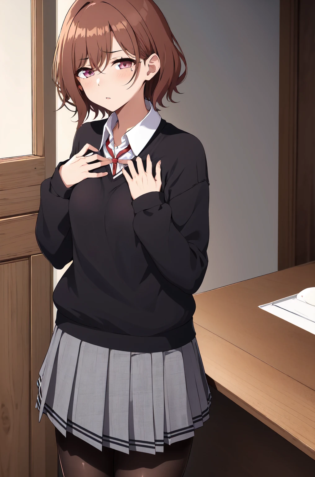 best quality, high resolution, 1 girl, Higuchi Madoka, Pantyhose, skirt, brown hair, mole under eye, mole, Hair accessories, hairpin, pleated skirt, short hair,, Long sleeve, Bangs, sweater, miniskirt, black sweater, black Pantyhose, grey skirt, Collared shirt, Purple Eyes, Cowboy shooting,(((Rub your chest vigorously))),(((Squeeze your chest))),((Grab your breasts with both hands))