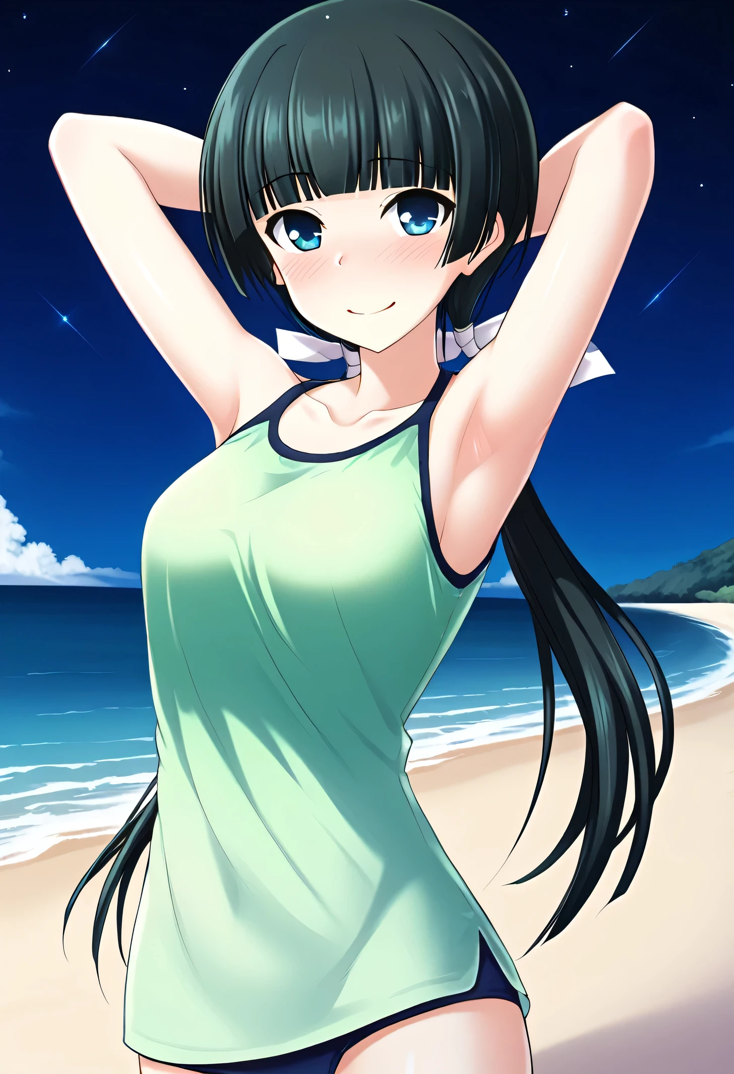 Mayuzumi Yukie, black hair, blunt bangs, long hair, low twintails, blue eyes , short sleeves, green top, green hot pants, high quality, solo, night sky, beach, arms behind head, contrapposto, closed mouth, spread armpits, (cowboy shot:1.5), looking at viewer, shy, light smile, best quality, blushing,