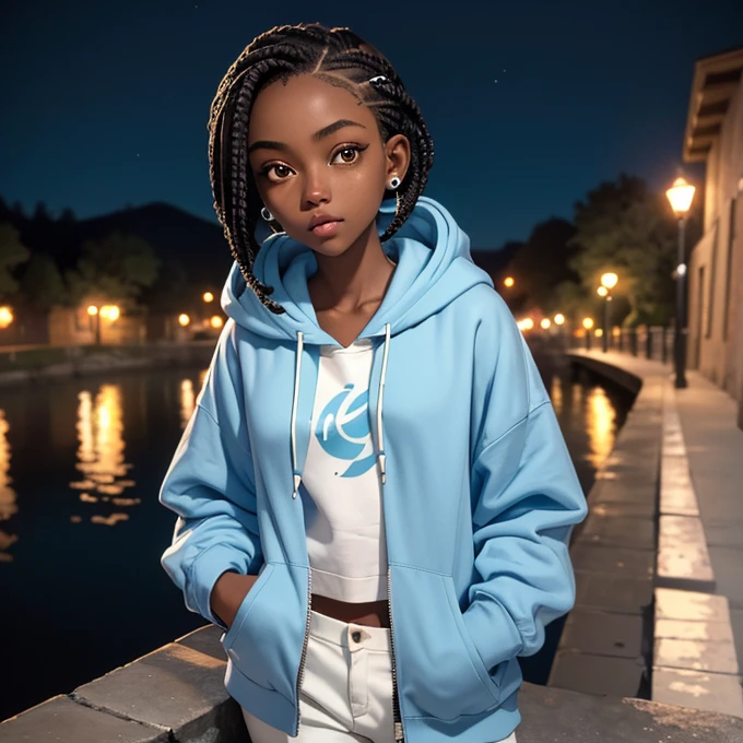 (masterpiece, best quality), deep ebony 1girl, beautiful face, short braids, river background, , nature background, cute, street clothing, beautify, Lofi vibe, cute night vibe, concentrated, hands outside of the picture, wearing a hoodie, light blue hoodie and white trousers, bodies has no zippers, night sky, looking cool, round pearl earrings