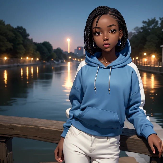 (masterpiece, best quality), deep ebony 1girl, beautiful face, short braids, river background, , nature background, cute, street clothing, beautify, Lofi vibe, cute night vibe, concentrated, hands outside of the picture, wearing a hoodie, light blue hoodie and white trousers, bodies has no zippers, night sky, looking cool, round pearl earrings