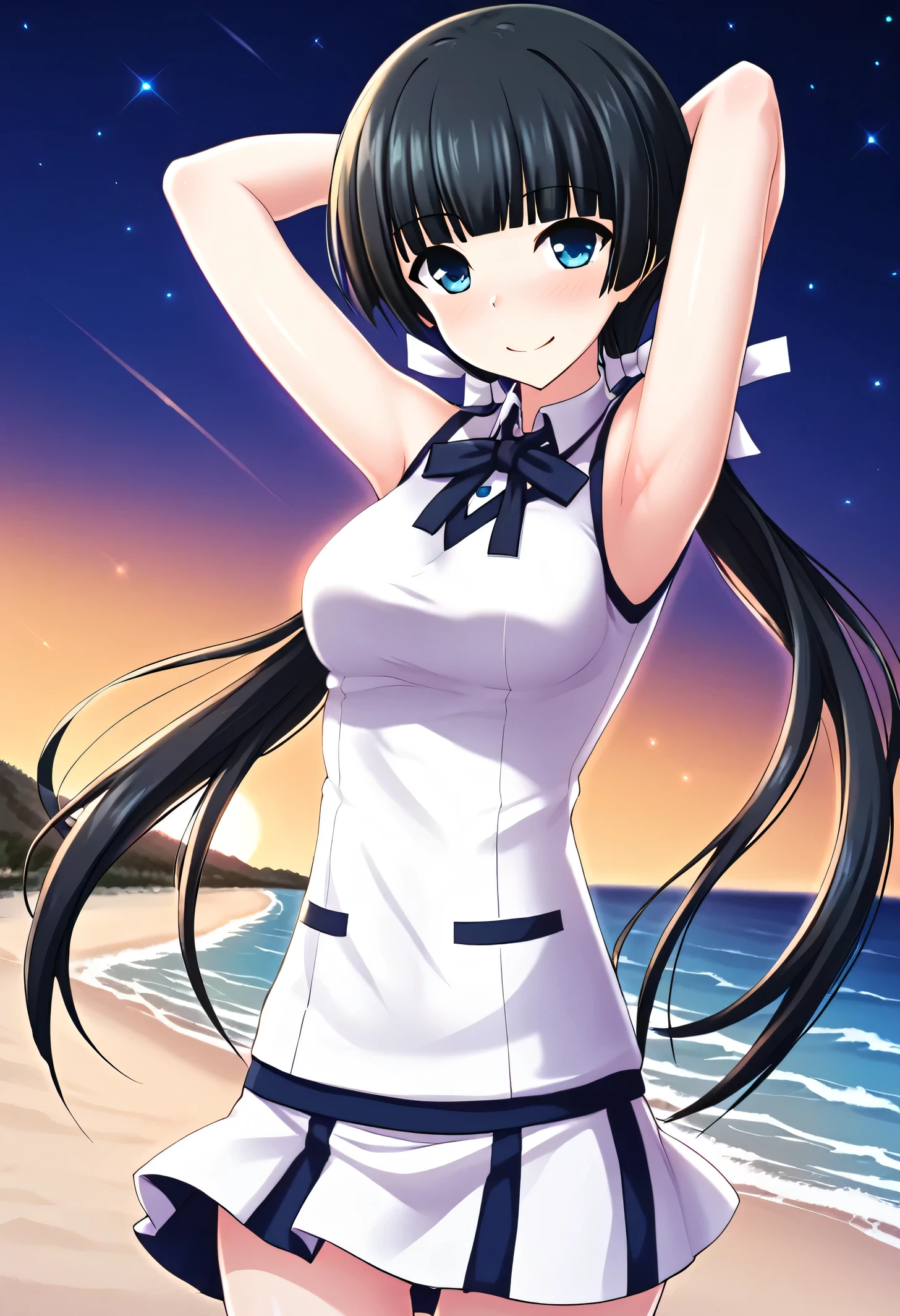 Mayuzumi Yukie, black hair, blunt bangs, long hair, low twintails, blue eyes , short sleeves, white sweater vest, white shirt, white skirt, neck ribbon, black ribbon, high quality, solo, night sky, beach, arms behind head, contrapposto, closed mouth, spread armpits, (cowboy shot:1.5), looking at viewer, shy, light smile, best quality, blushing,