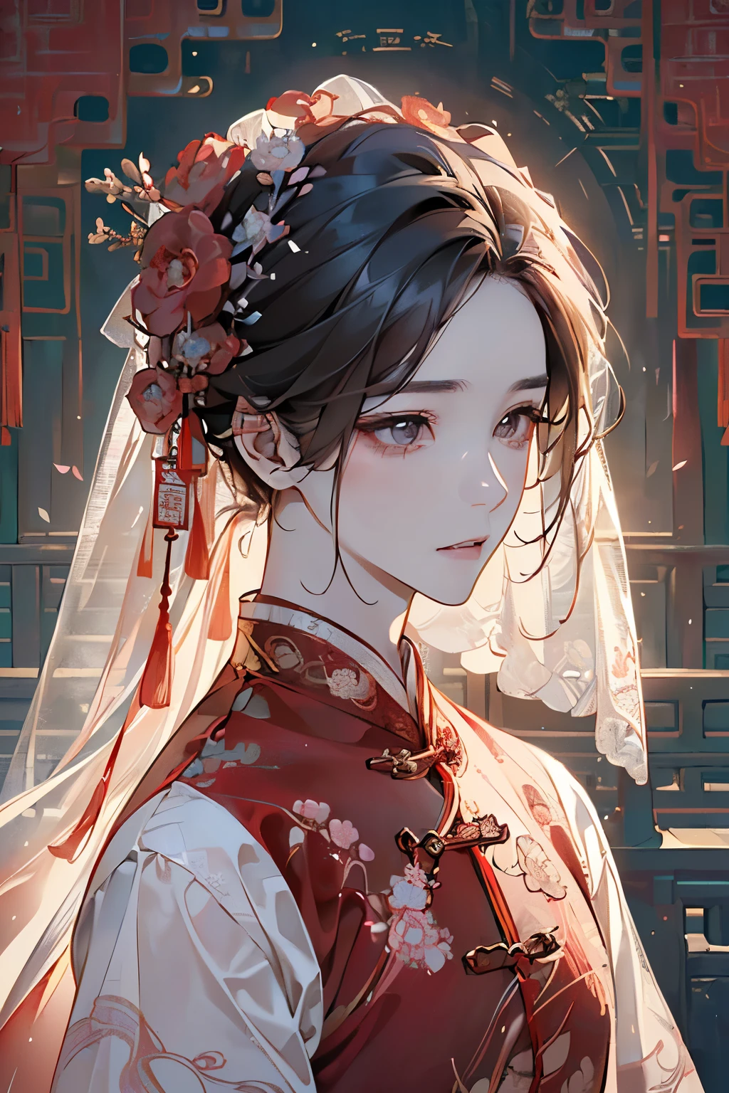 ((16歳くらいのmale性:1.2)),((male:1.4)),((chinese wedding dress:1.2)),((hanfu wedding costume1.25)),((Gorgeous and voluminous outfit:1.3)),((costume by red color)),((She is wearing a sheer veil:1.2)),//((high quality:1.2)),((Shiny eyes:1.3)),((hanfu costume:1.35)),((beautiful image:1.2)),((high graphic:1.2)),