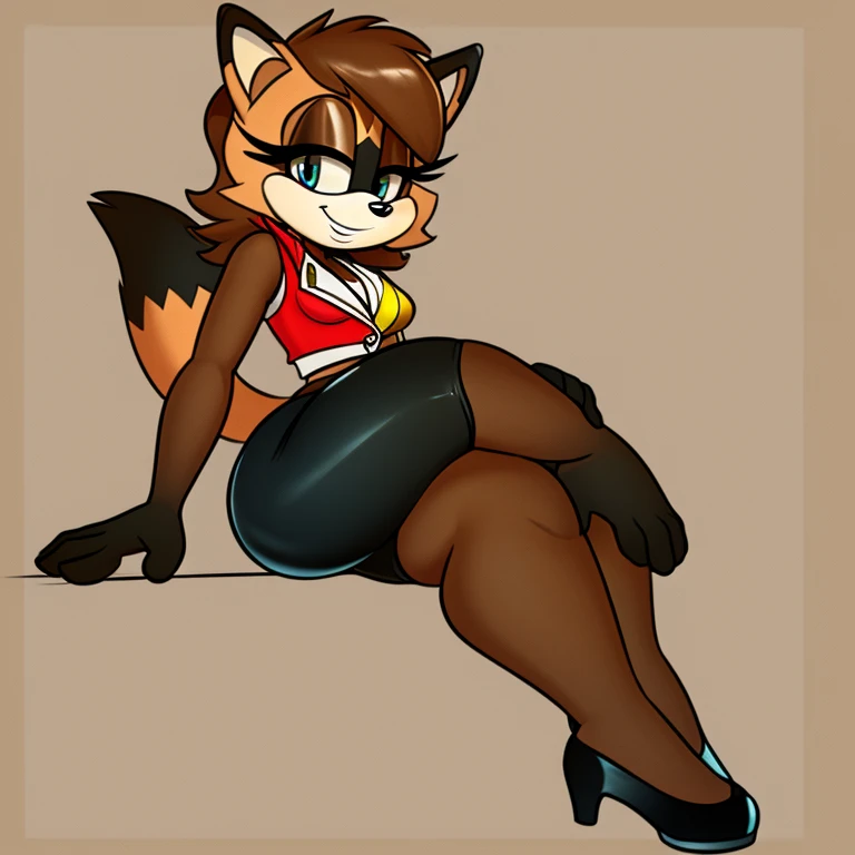 Female, Mobian, raccoon, smile, small breasts, wearing red vest, wearing black shorts, has thick thighs, sitting down and doing a pin up pose,
