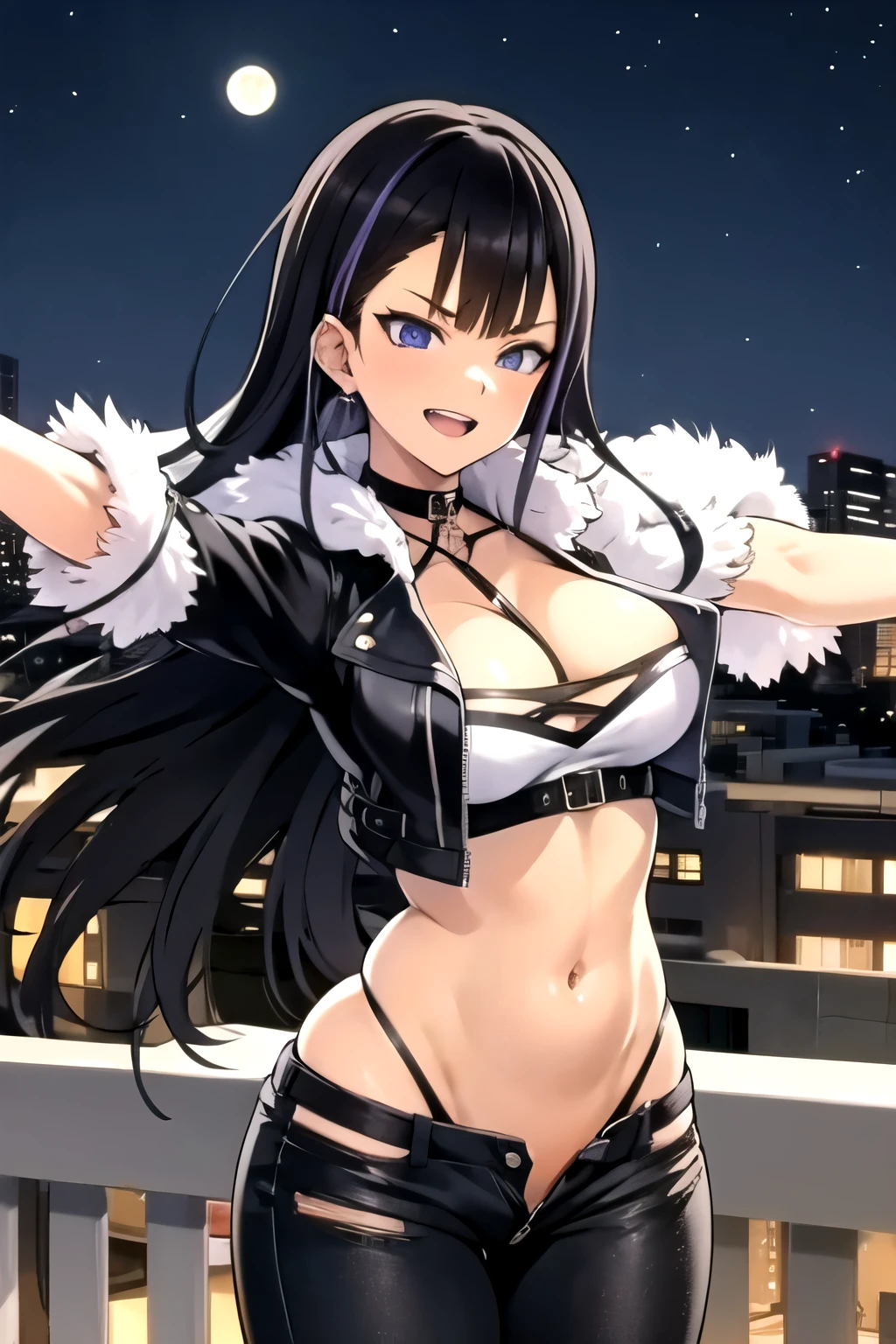 minamikurose, blue eyes, jewelry, jacket, purple hair, earrings, blush, lipstick, outdoors, rooftop, cityscape, building, railing, night, night sky, scenery, moon, city lights, fur trim, mature female, gloves, fur-trimmed coat, masterpiece, best quality, highly detailed, a girls with a gun, evil smile , open mouth, sexy gaze, badass pose , evil smile, smile, (nsfw) not safe for work, guns blazing, anime girl with long hair, beautiful long haired girl, navel, evil expression, exposed belly, exposed navel, exposed midriff, exposed lower belly, long black pants, crop top, cleavage, unbuttoned leather pants ,open fly, low rise black leather pants, leather jacket, holding a gun,open arms sideway, arms T-pose, smirk, standing, anime girl T posing