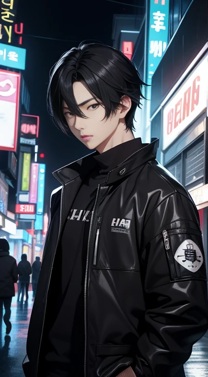 ・Korean style・Slanted eyes・See-through mash・Handsome black hair・Lots of black clothing・Dark neon city background