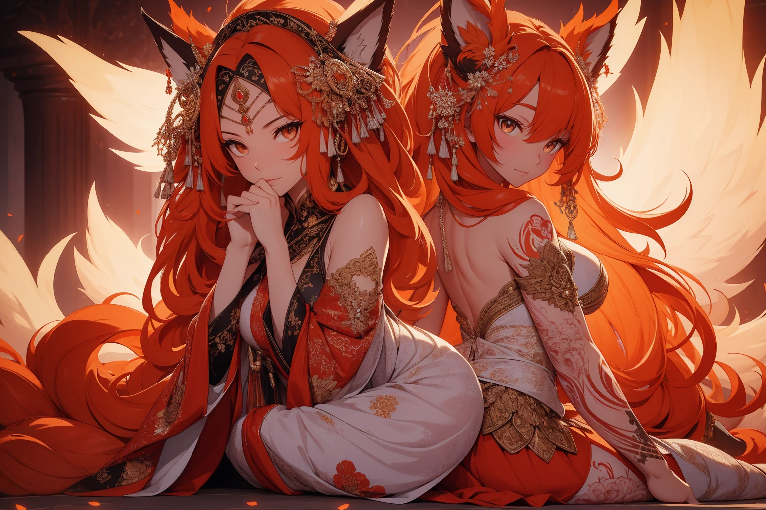 REALISTIC VISION 1.4, BETTER VAE,sharp focus, ultra detail, 32k,realistic photo, intricate details, kitsune, orange hair, oranfe eyes, intricate details ,woman, nine tails,intricate details,intricate details,big , Voluptuous body, intricate details, Miko,clothes long white dress with red details intricate details,tattoos intricate details,full body, laying on the ground, backwards, looking back