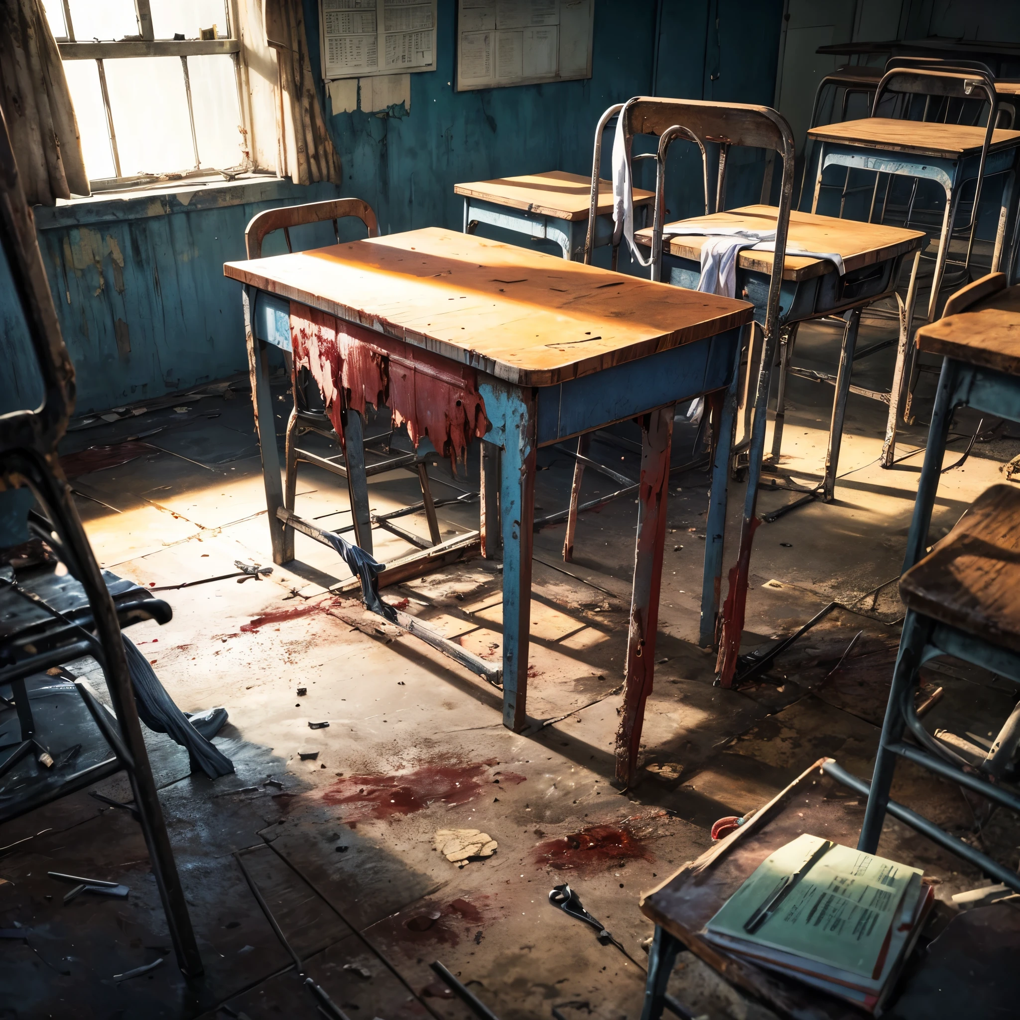 An old abandoned school classroom. Bright lit, Horror atmosphere. 1 teenage girl. kidnaped, Seductive clothing. torn clothing, Sitting on chair. legs spread open, arms tide behind back, rope, panties showing. a bowl of blood underneath her chair. The floor covered in water and bones.