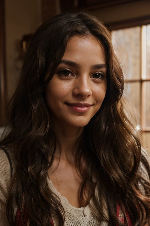42 years, long wavy brown hair, brown eyes, long eyelashes, light brown skin, light smile, pov, atmospheric perspective, 8k, super detail, accurate, best quality