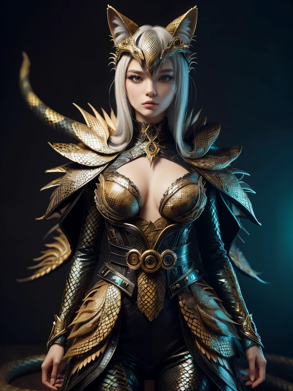 (high quality), (masterpiece), (detailed), 8K, Hyper-realistic illustration depicts (Japanese girl1.3) with (medium breast1.2) and (cat ears1.2) adorning her head, while her eyes transform into (snake eyes1.3). She wears attire covered in (snake scales1.3), blending human and reptilian features. In style of Hajime Sorayama, trending on Artstation.