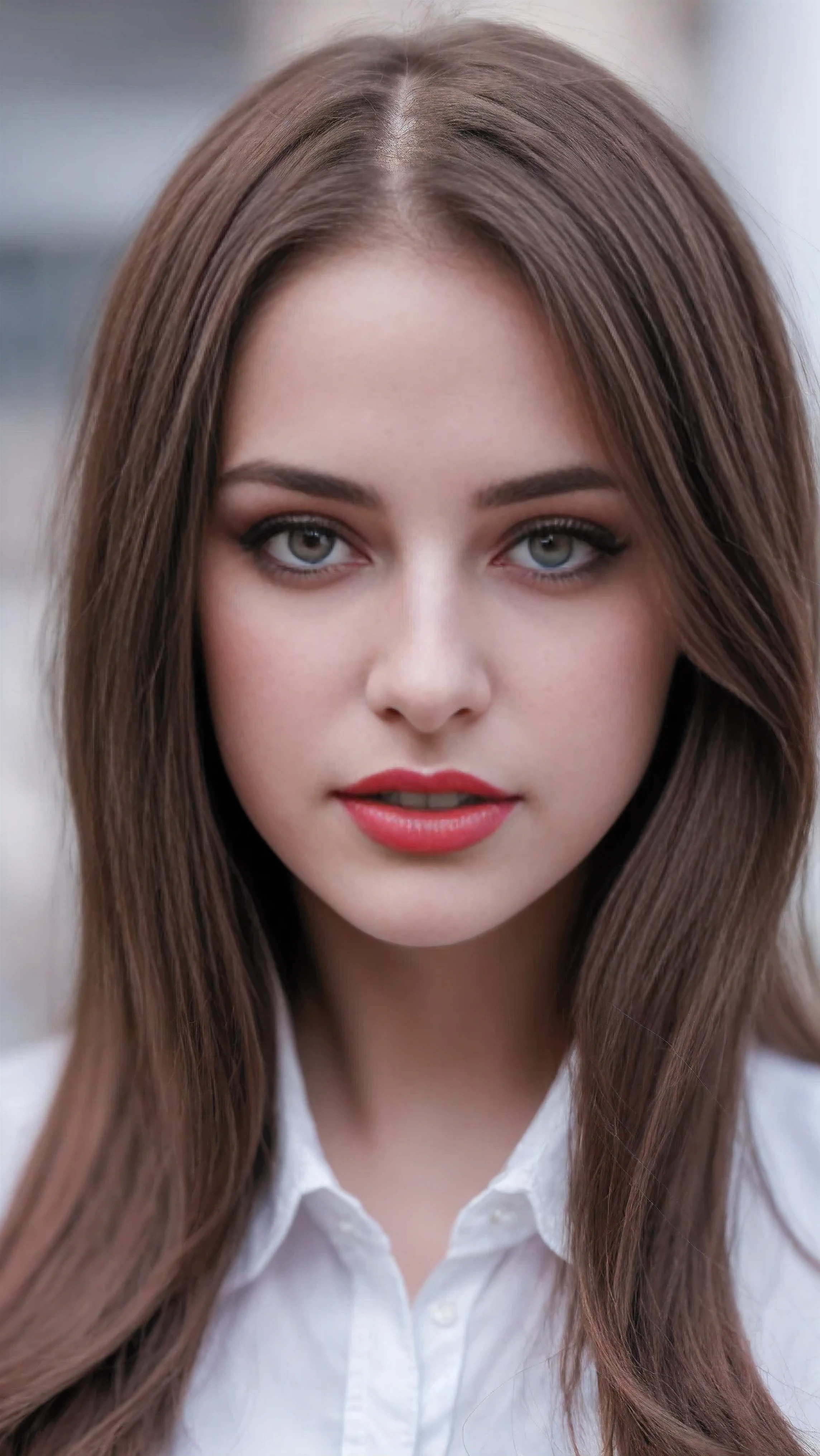 Boycut brown shining hair, (RAW photo), (realism: 1.8), (gloss red lipstick, many eyelashes, dark black eye shadow, shy, blushing, high quality, high resolution, depth of field, chromatic aberration, caustic, wide light, dark pink fair glossy skin, (21 year old woman), stylish college girl, white shirt-blue jeans, lots of exposure, pose, visible 8k resolutions,