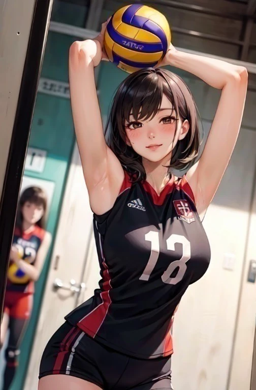 1lady solo, /(volleyball uniform/), mature female, /(dark brown hair/) bangs, blush kind smile, (masterpiece best quality:1.2) delicate illustration ultra-detailed, large breasts BREAK /(gym hallway indoors/)