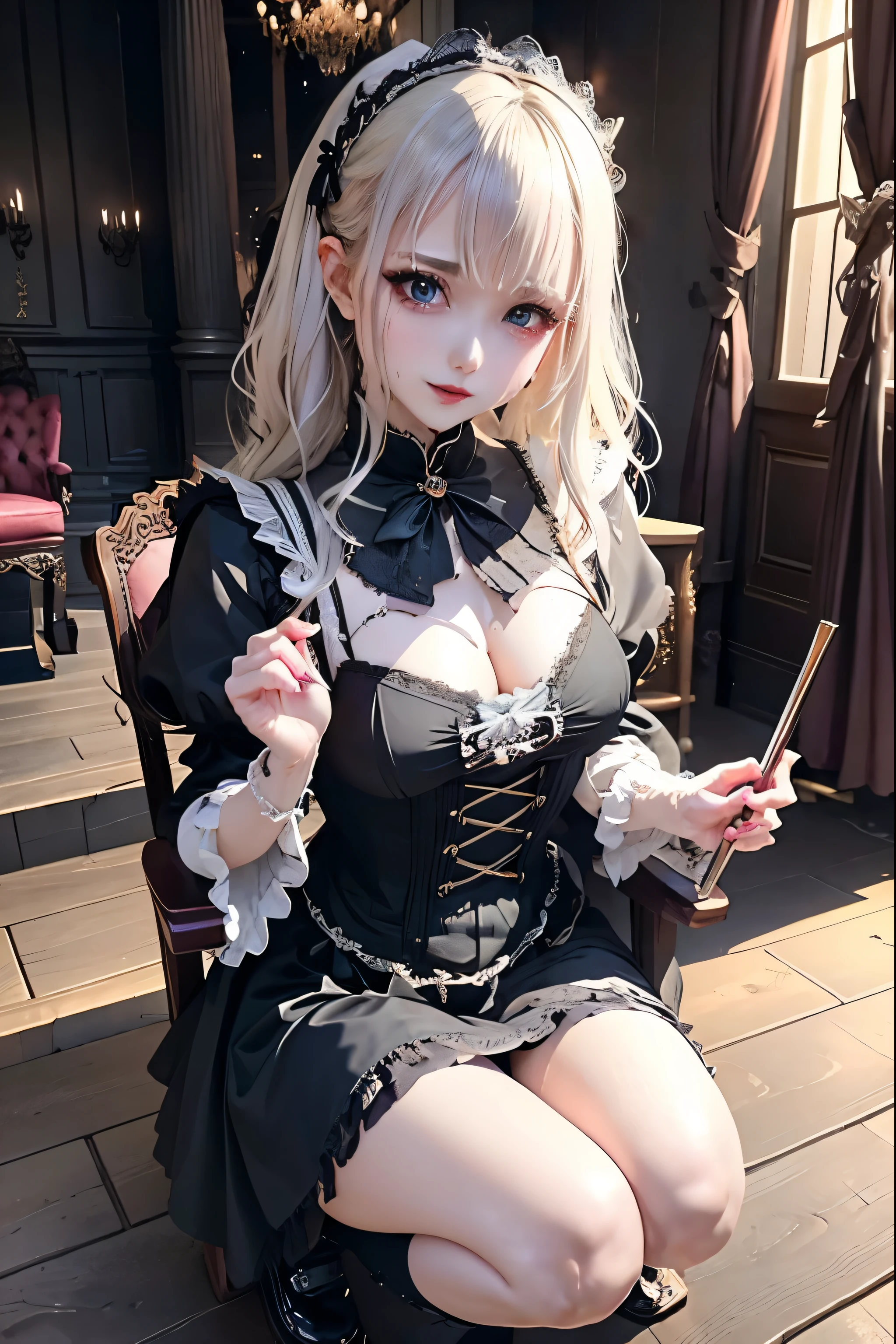 Hard Dark Gothic Makeup、Deep Night Sky、Horror、Black dark eyeshadow、cry、sad、Good skin radiance、Dark Gothicメイク、Dark smile、palace、24-years-old、Embarrassed look、Dark Gothic、Obscene language、highest quality、Drunk face、紫のMaid clothes、Mysterious、Noble、sexy、Loving smile、Right blue eye, Left eye is red、Platform Heel Shoes、Heavy makeup、Gothic ta Clothing、A little slimmer、Silver Hair、Long Hair Straight Hair、Cute Gothic Loliress、Beautiful Face、elegant features、Fascinating face、Stained glass is the background、Chest glistening with sweat、The room is dark、gothic long dress、Bell Sleeves、Wizard Sleeve、Decadent look、Sexually excited expression、Glossy thighs wet with water、Thighs that are wet and shiny with oil、Background of a room full of roses、The embroidery is pink、The dress has pink embroidery、Thigh-high socks、Knee-high socks、Gentle expression、Dark black eyeshadow、Stained glass and rose background、Female Duo、Female couple、dark church background、Stained glass、Black metal world、Dark Castle、Slender body、Maid clothes、Victorian dresses、Her thighs glisten with sweat、My body is wet and shiny、Lots of glitter on the thighs、sweating、My thighs are sticky from sweating、Sweat glistens on the thighs, The whole body is sweaty and shiny、Quite sweaty、My thighs are sweaty、My thighs are so wet、My thighs are shining with sweat、A lot of sweat glistens all over the body、Small breasts、Orchestra Stage、Dynamic Angle、Sitting in a chair、Gothic chair、Play the violin、With a violin、Press the violin strings、rubbing the violin strings、violinist、Thin thighs、