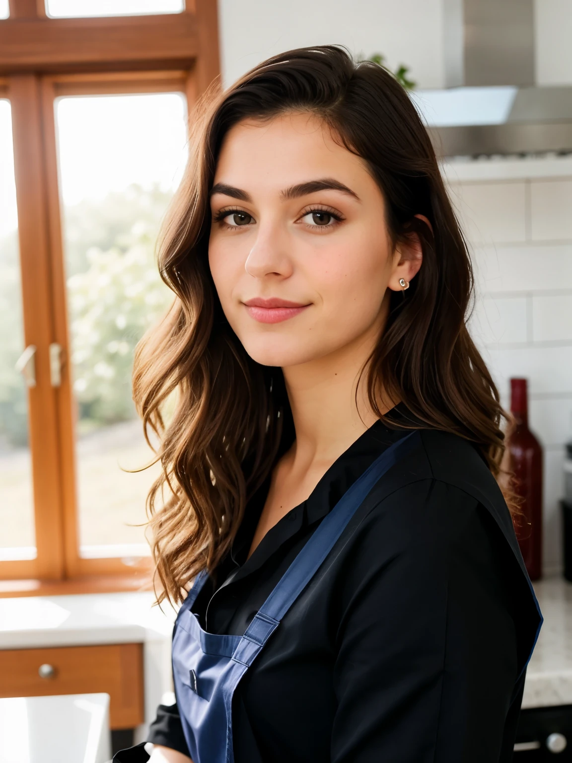 Instagram-Foto, Nahaufnahme Gesichtsfoto eines jungen Franzosen im geschlossenen bordeaux Kleid, 30 Jahre alt, Beautiful face, Schminke bokeh, motion blur, sehr Langes lockiges Haar, 35 jahre alt, volle Lippen,  curls, very long hair, at home, kitchen, apron