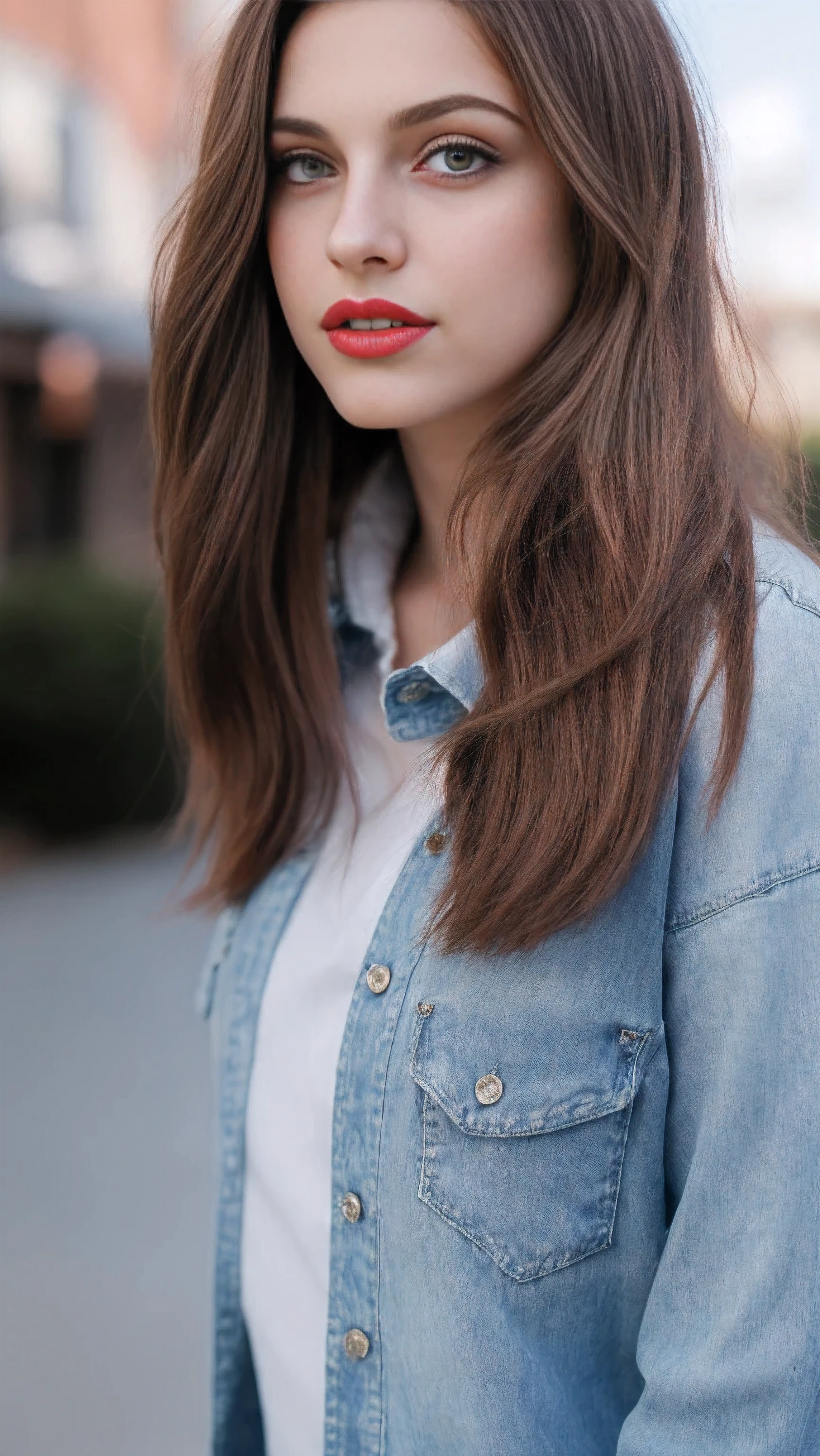 Boycut brown shining hair, (RAW photo), (realism: 1.8), (gloss red lipstick, many eyelashes, dark black eye shadow, shy, blushing, high quality, high resolution, depth of field, chromatic aberration, caustic, wide light, dark pink fair glossy skin, (21 year old woman), stylish college girl, white shirt-blue jeans, lots of exposure, pose, visible 8k resolutions,
