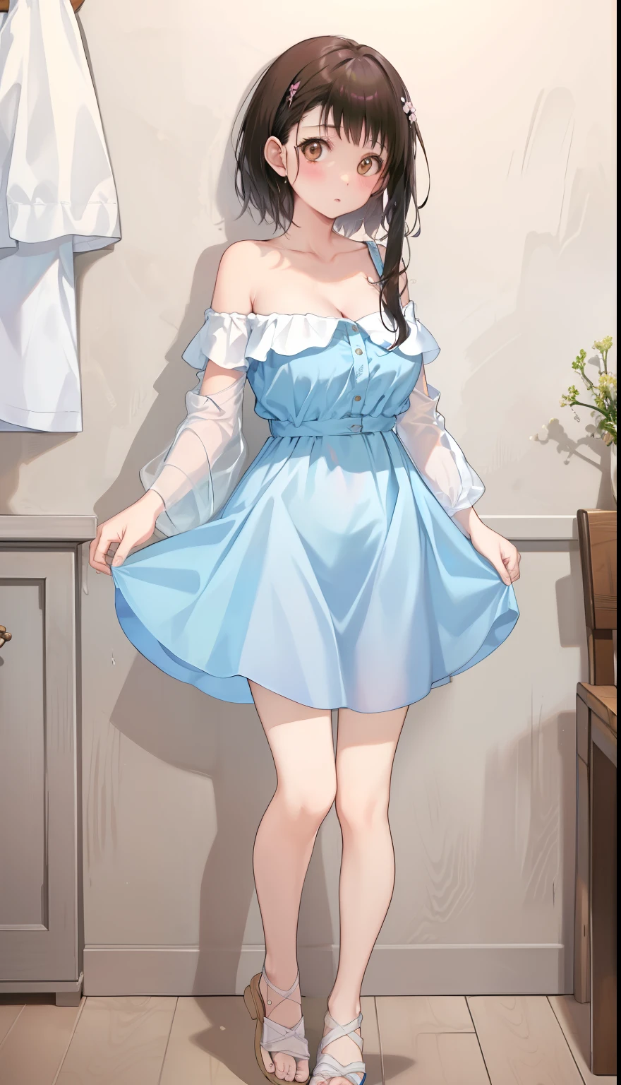 One Girl、positive、Standing posture、Full body portrait、Black Hair、Medium Haircut、blush、Absolute area、No panties、No bra、barefoot、Light blue dress、Off-the-shoulder dress、（Very large breasts）、Cleavage、((Lesbians around the world))、masterpiece、（highest quality）、barefoot、White Sandals 、Shirt buttons fly off、Unbutton your shirt、Exposing the breasts、