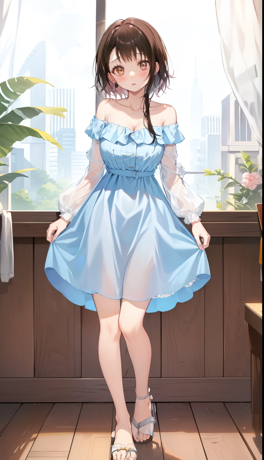 One Girl、positive、Standing posture、Full body portrait、Black Hair、Medium Haircut、blush、Absolute area、No panties、No bra、barefoot、Light blue dress、Off-the-shoulder dress、（Very large breasts）、Cleavage、((Lesbians around the world))、masterpiece、（highest quality）、、White heel sandals、Shirt buttons fly off、Unbutton your shirt、Exposing the breasts、