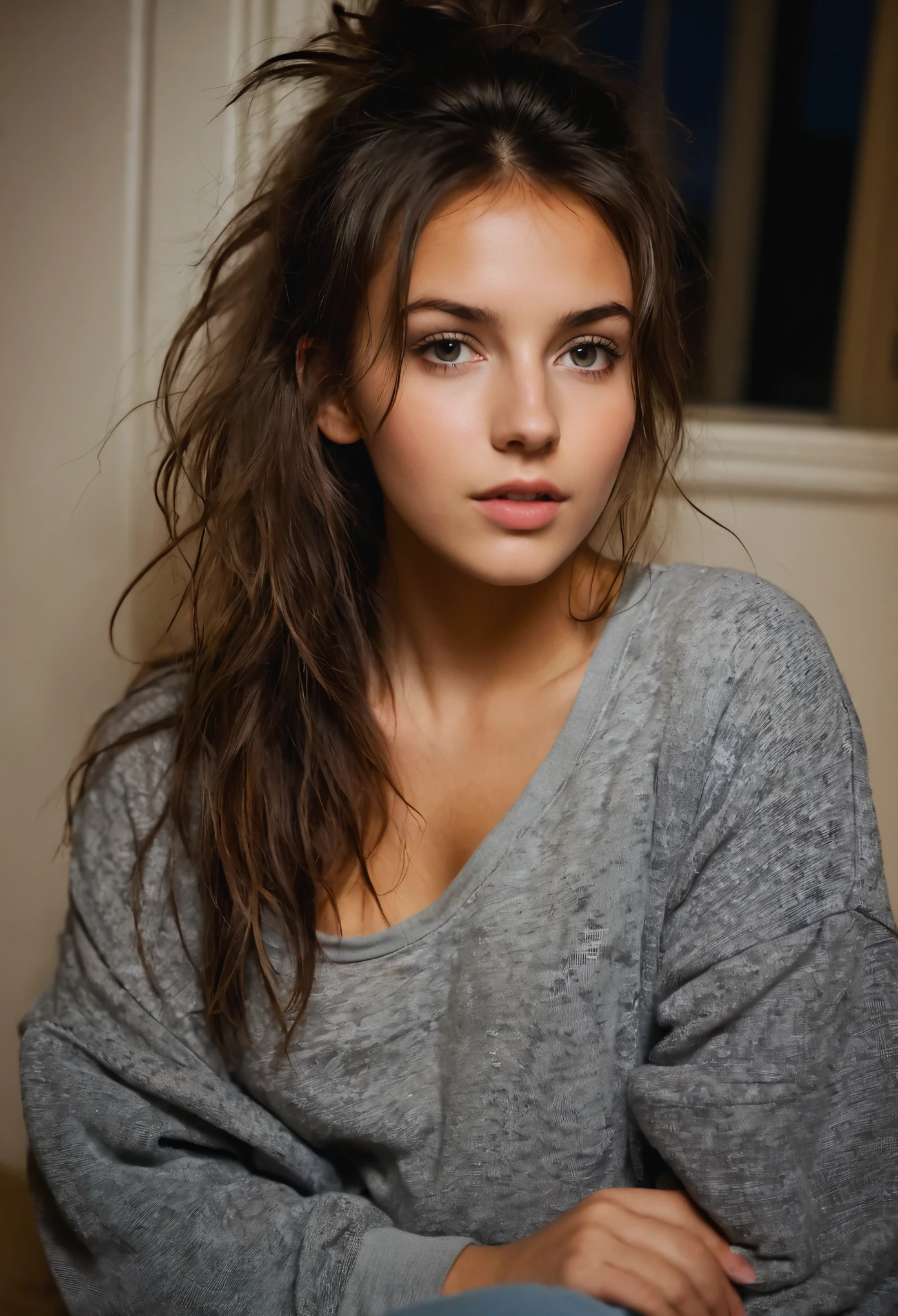 25 yo girl, brunette, close-up, girl next door, baggy clothes, night, interior, messy hair