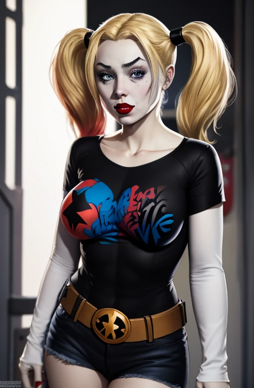 harley quinn, 1girl, solo, twintails, blonde hair, blue eyes, standing, black t-shirt, white shirt, blue jeans, belt, lipstick, large breasts