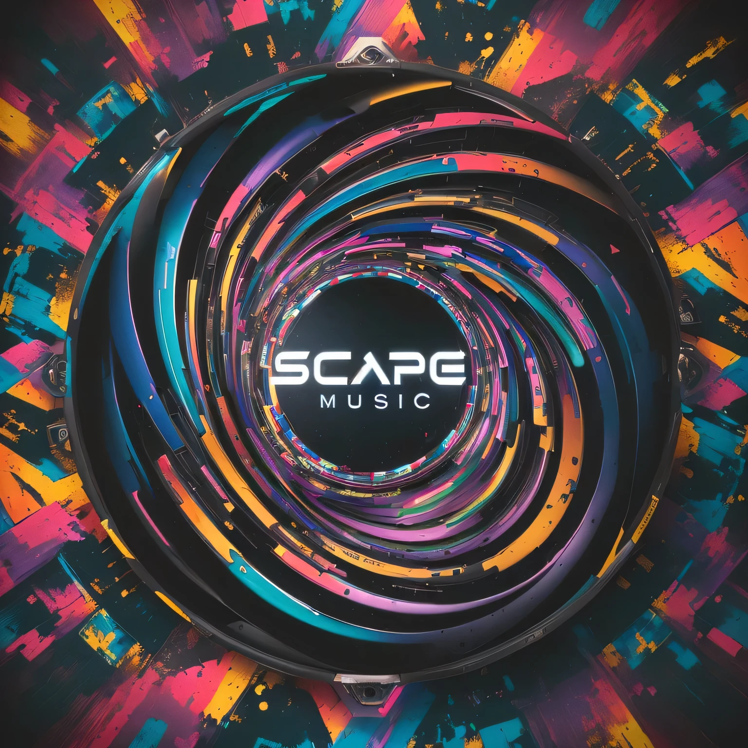a close up of a colorful circular object with a text that reads susto music, raspar, escapando, abstract album cover, arte oficial, susto, style hybrid mix of Besouro, album art for a trance dj, Besouro |, epic music album cover, album, music album cover, music album art, foto do perfil 1024px
