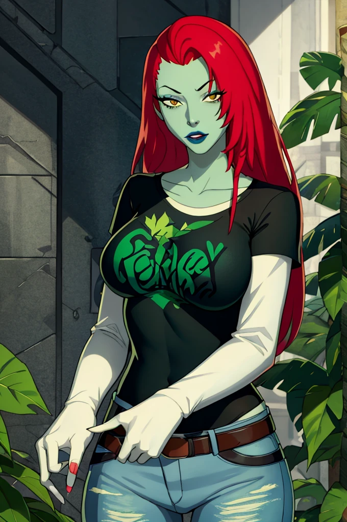Poison ivy, red hair, green skin, 1girl, solo, standing, black t-shirt, white shirt, blue jeans, belt, lipstick, large breasts
