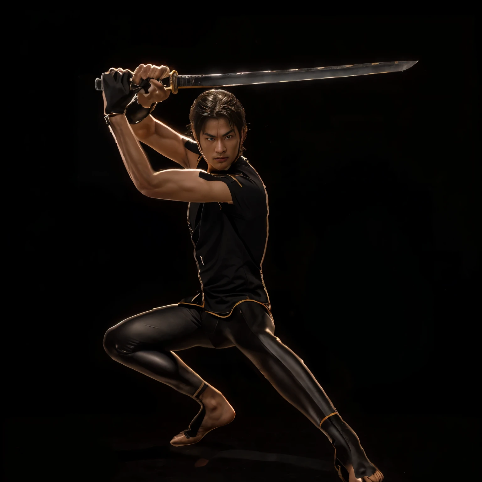 arafed man holding a sword in his hands and a black background, dramatic wielding sword pose, dramatic wielding katana pose, powerful aggressive sword stance, practising sword stances, martial art pose, clutching a sword, wielding a katana, fight pose, fighting posture, swinging reflective katana, attack pose, dynamic pose realistic, holding a long sword, fighting stance