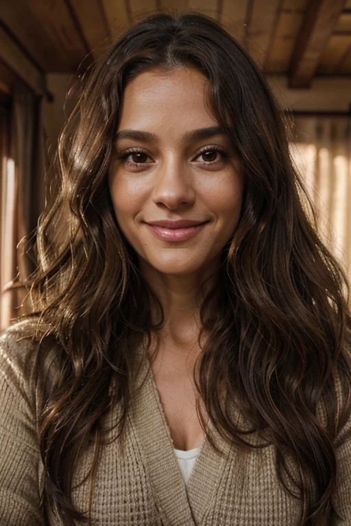 42 years old, long wavy brown hair, brown eyes, long eyelashes, light brown skin, light smile, pov, atmospheric perspective, 8k, super detail, accurate, best quality