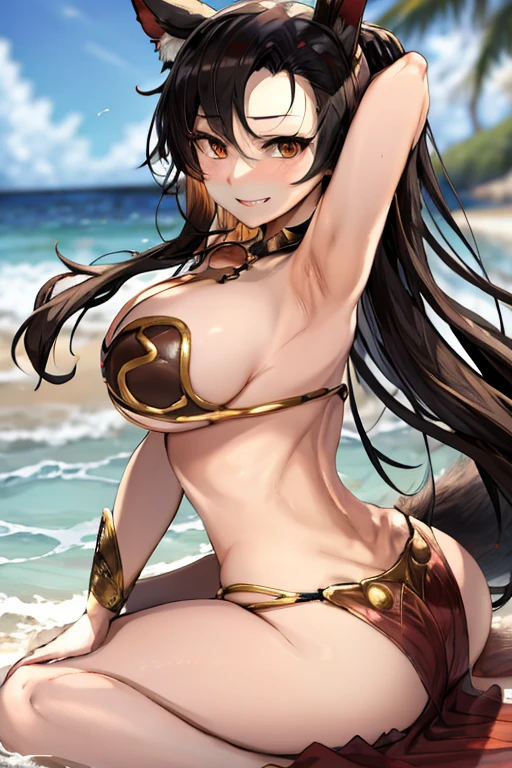 masterpiece, best quality, beautiful art, high resolution, well formed hands, body and fingers, 1 woman, solo, Imaizumi Kagerou, wolf ears and wolf tail, wearing a slave Leia outfit , pelvic curtain, long hair,, adult, grown up, big breasted, cleavage, full body, sexy and skimpy outfit , gorgeous legs and thighs , dancing seductively and erotically, turning backwards and forwards, showing her back and front, showing her butt, bikini thong, smiling joyfully, looking at the viewer, flirting, beach environment