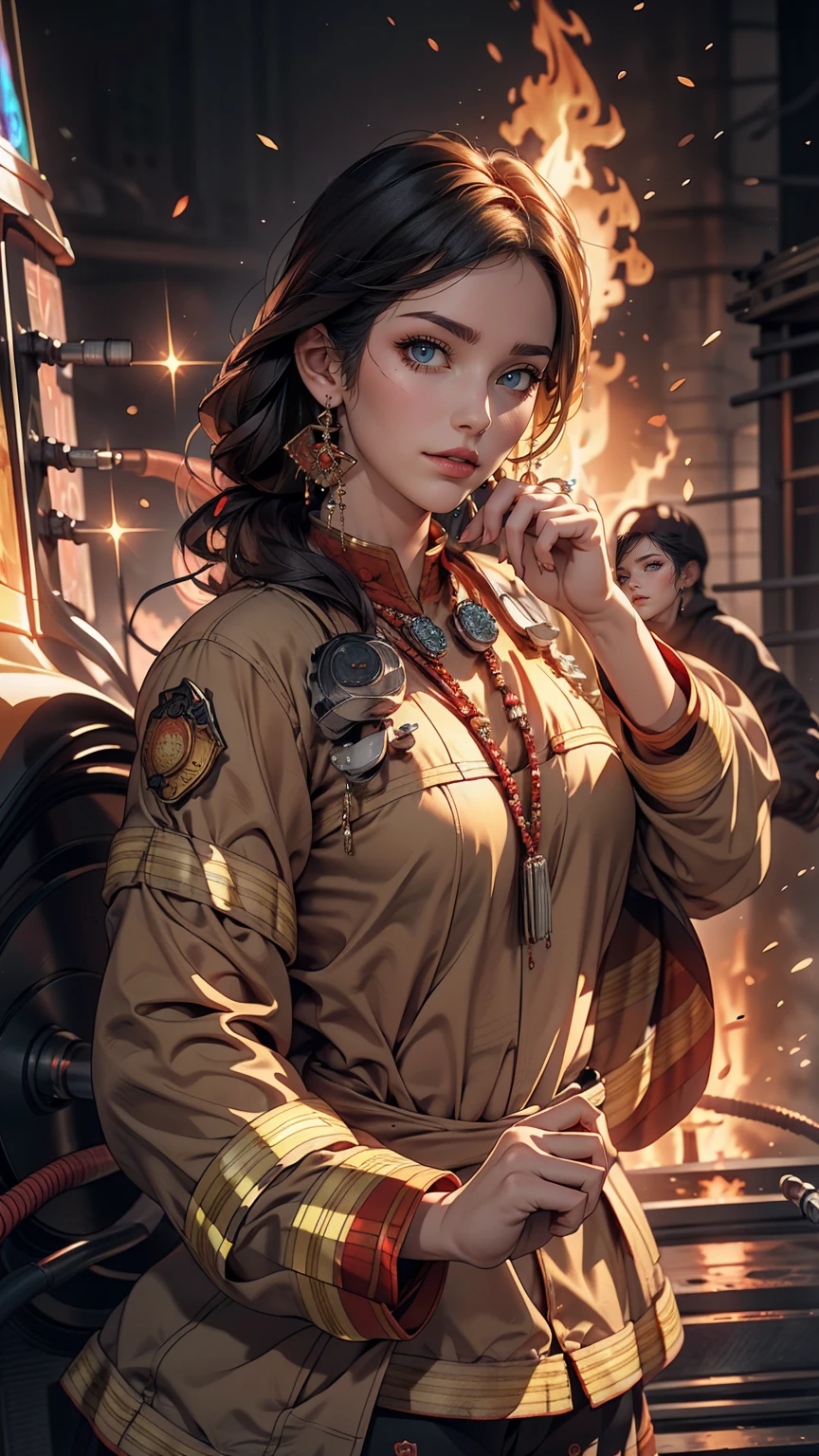 highest quality,masterpiece,Ultra-high resolution,(photoRealistic:1.4)One girl,beautiful_face,Detailed skin,whole body,Yuhuosh,jewelry,alone,Earrings,(fire:1.3),Blurred,Realistic,lips,