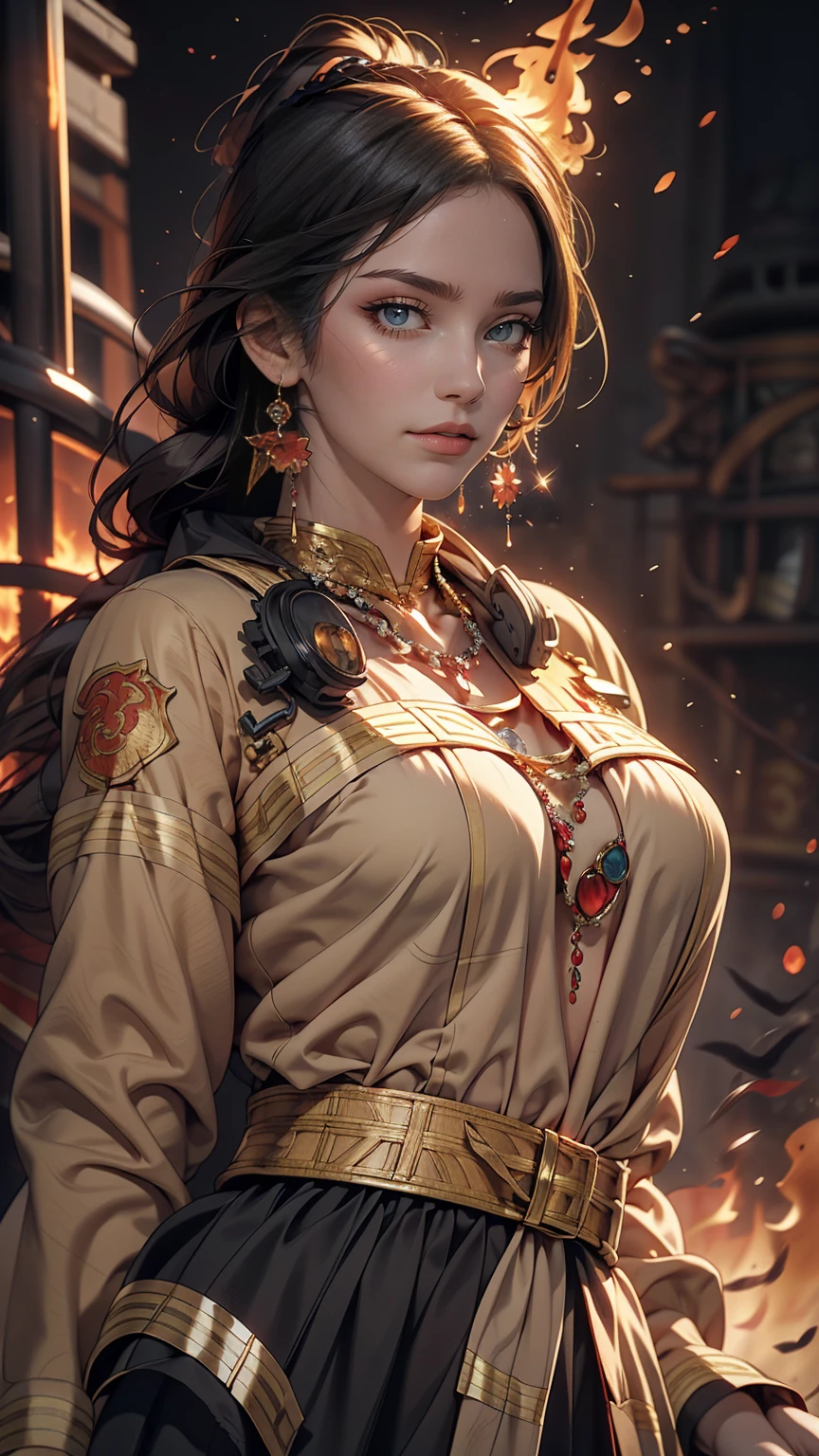 highest quality,masterpiece,Ultra-high resolution,(photoRealistic:1.4)One girl,beautiful_face,Detailed skin,whole body,Yuhuosh,jewelry,alone,Earrings,(fire:1.3),Blurred,Realistic,lips,
