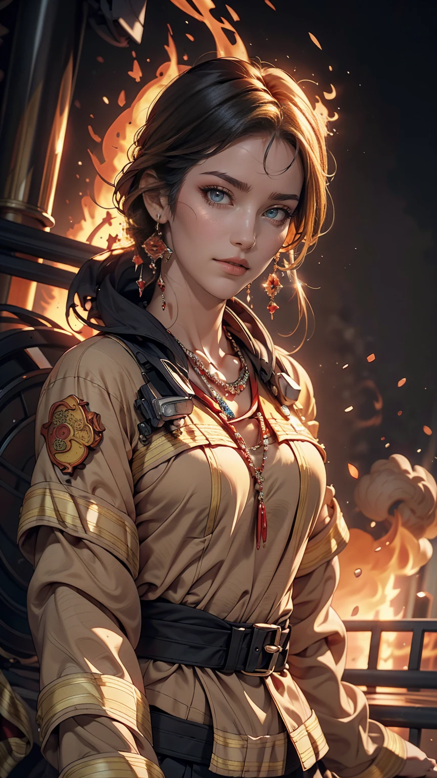 highest quality,masterpiece,Ultra-high resolution,(photoRealistic:1.4)One girl,beautiful_face,Detailed skin,whole body,Yuhuosh,jewelry,alone,Earrings,(fire:1.3),Blurred,Realistic,lips,