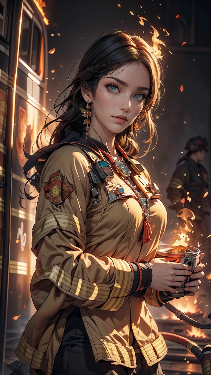 highest quality,masterpiece,Ultra-high resolution,(photoRealistic:1.4)One girl,beautiful_face,Detailed skin,whole body,Yuhuosh,jewelry,alone,Earrings,(fire:1.3),Blurred,Realistic,lips,