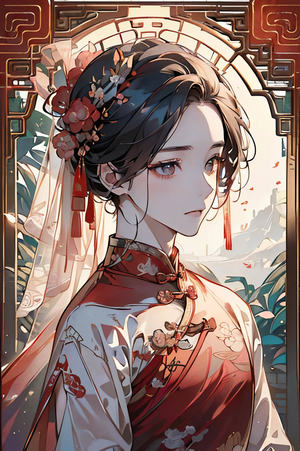 ((くらいのmale性:1.2)),((male:1.4)),((chinese wedding dress:1.2)),((hanfu wedding costume1.25)),((Gorgeous and voluminous outfit:1.3)),((costume by red color)),((She is wearing a sheer veil:1.2)),//((high quality:1.2)),((Shiny eyes:1.3)),((hanfu costume:1.35)),((beautiful image:1.2)),((high graphic:1.2)),