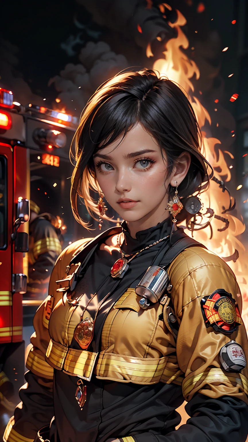 highest quality,masterpiece,Ultra-high resolution,(photoRealistic:1.4)One girl,beautiful_face,Detailed skin,whole body,Yuhuosh,jewelry,alone,Earrings,(fire:1.3),Blurred,Realistic,lips,