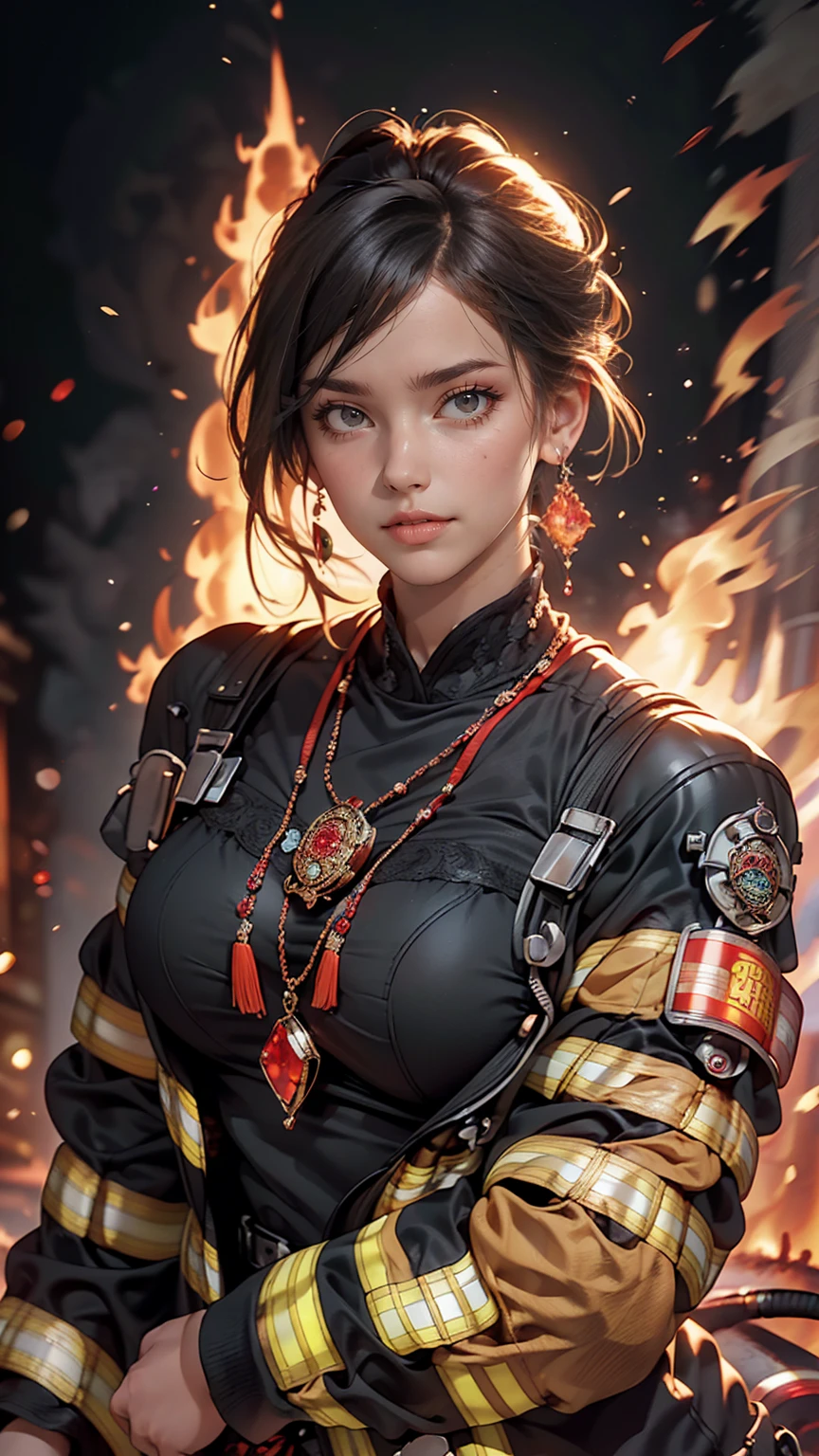 highest quality,masterpiece,Ultra-high resolution,(photoRealistic:1.4)One girl,beautiful_face,Detailed skin,whole body,Yuhuosh,jewelry,alone,Earrings,(fire:1.3),Blurred,Realistic,lips,