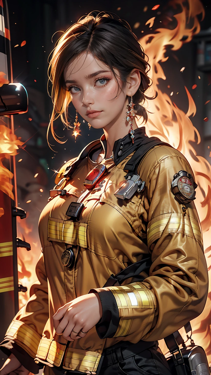 highest quality,masterpiece,Ultra-high resolution,(photoRealistic:1.4)One girl,beautiful_face,Detailed skin,whole body,Yuhuosh,jewelry,alone,Earrings,(fire:1.3),Blurred,Realistic,lips,