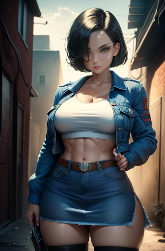 masterpiece, best quality, highly detailed, cowboy shot, portrait, android 18, short hair, harem, large breasts, , blue jacket, ((white croptop)), midriff, (denim skirt), full length pantyhose, skindentation, BREAK (city, alleyway, night, dark theme), (clouds), add_detail:1, hair over eyes, hair over one eye, wide hips, thick legs,